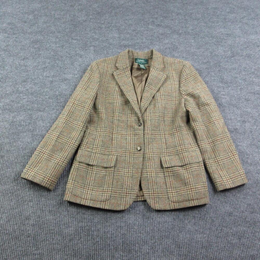 Lauren Ralph Lauren Sport Coat Womens 14 Brown Tweed Plaid Lined 100% Wool